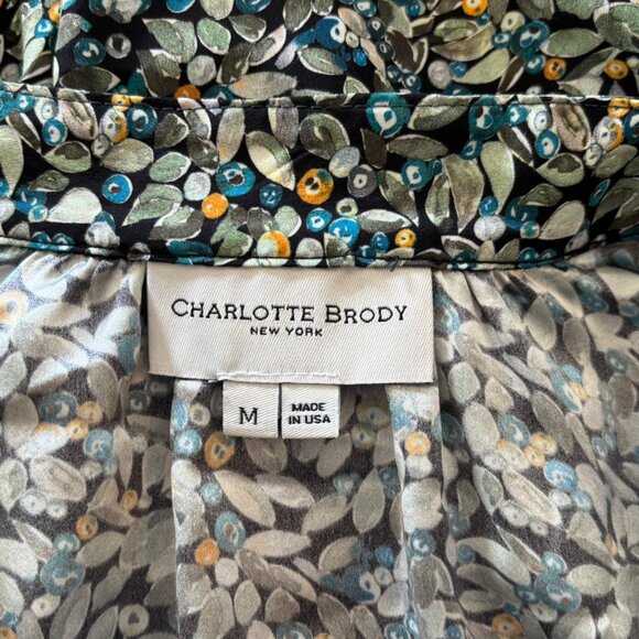 Charlotte Brody 100% Silk Black & Green Botanical Print Tunic Top - Size M - Picture 4 of 6